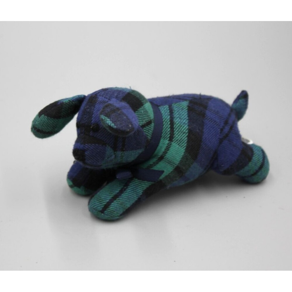 Vintage 1994 Eddie Bauer Green Plaid Dog Plush HTF Blue Ribbon Bow 6" RARE